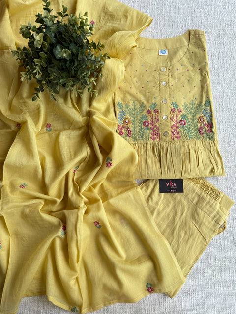 Light yellow emb cotton suit set