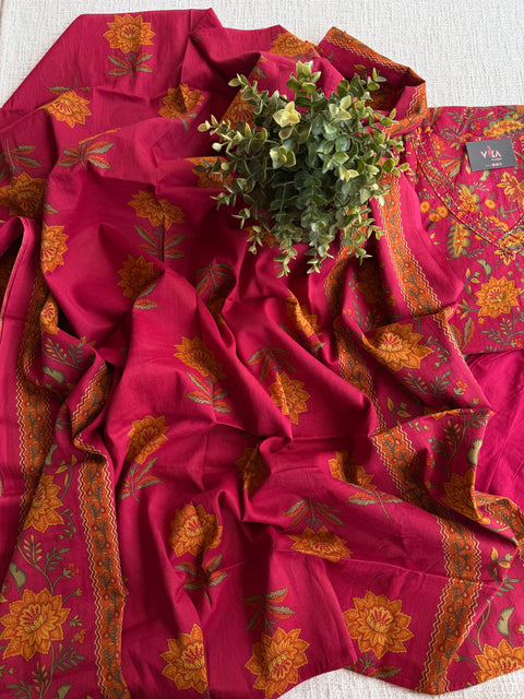 Dark pink printed cotton suit set