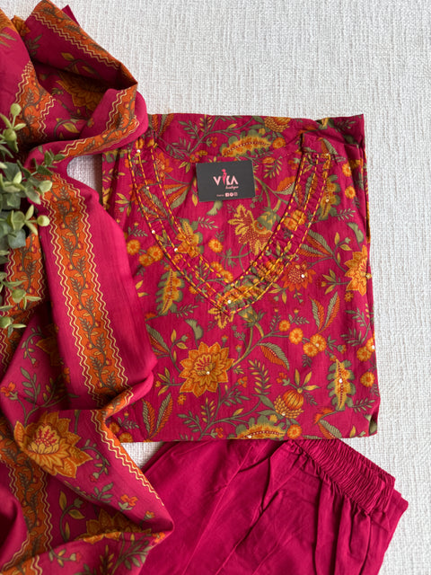 Dark pink printed cotton suit set
