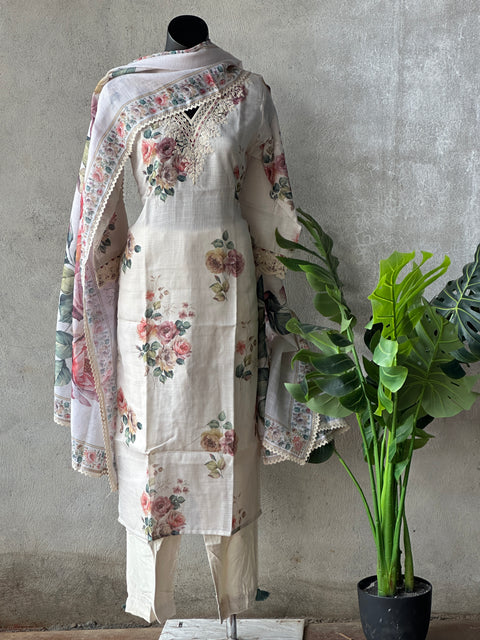 Printed cotton linen ready suit set