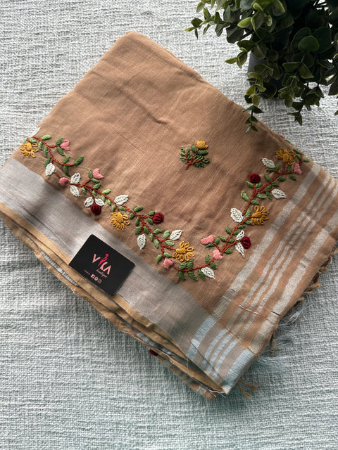 Hand embroidery Bhag Linen saree