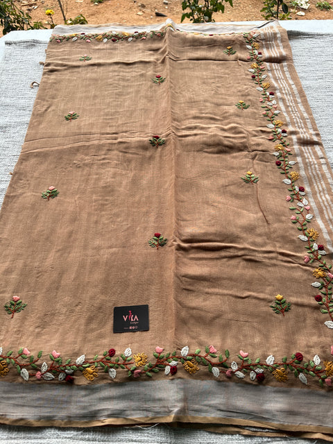 Hand embroidery Bhag Linen saree