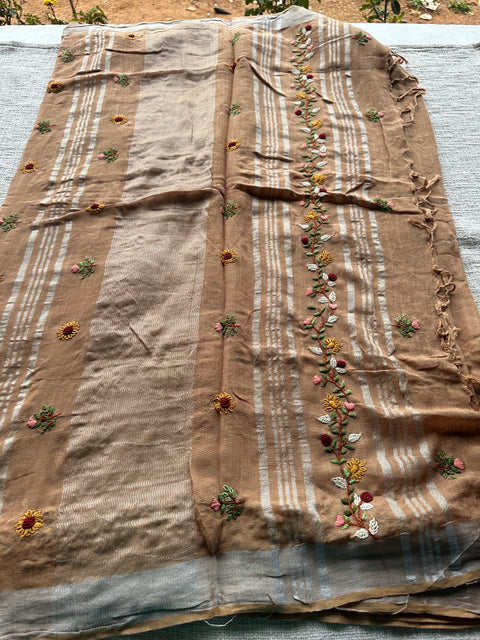 Hand embroidery Bhag Linen saree