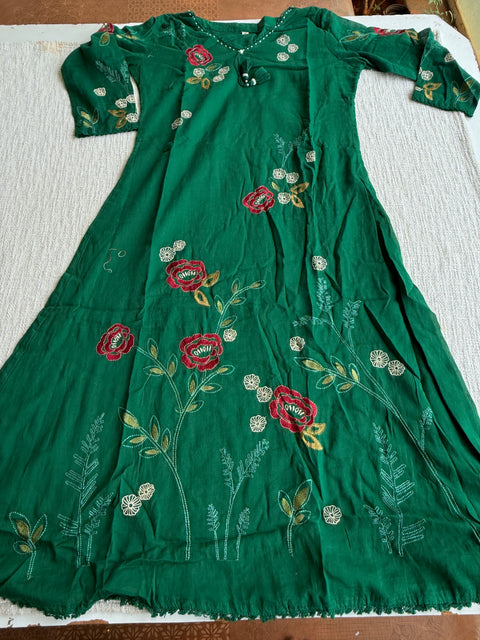 Green floral emb pure cotton suit set
