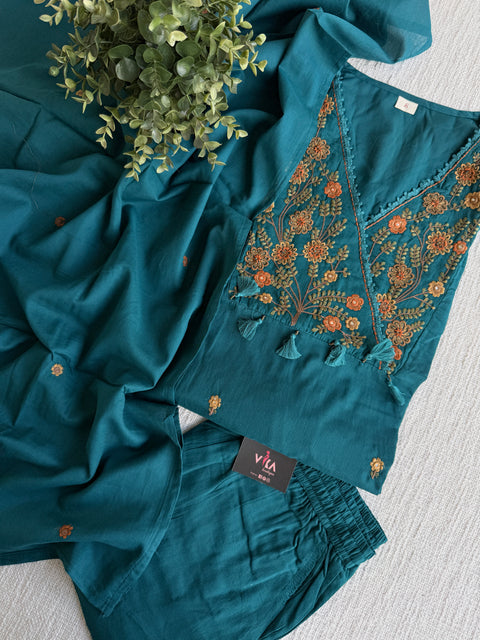 Floral emb mul cotton suit set
