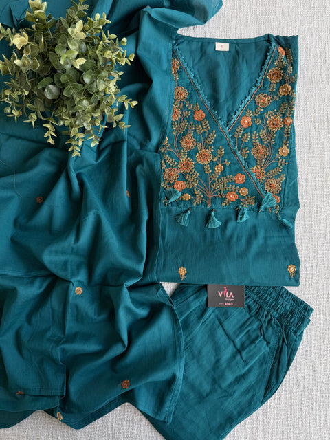 Floral emb mul cotton suit set