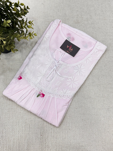 Yoke pattern emb pure cotton nighty - Pink