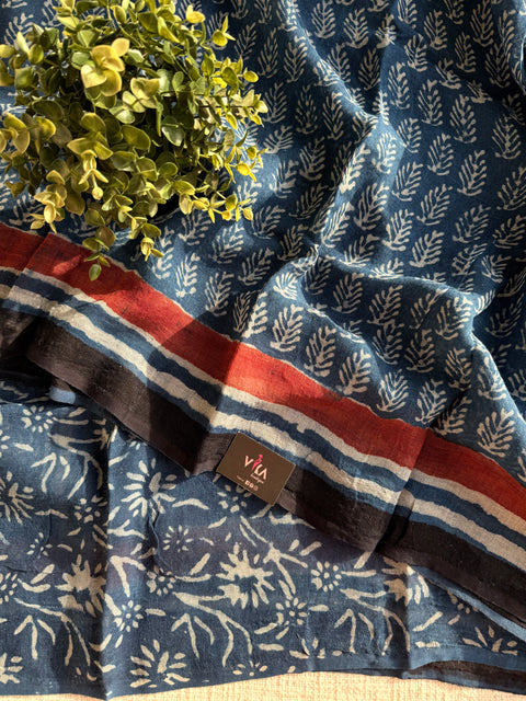 Hand block Printed pure Linen saree