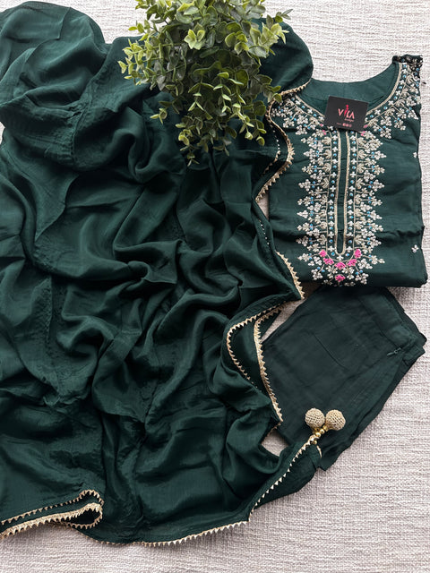 Neck emb dola silk ready suit set - Bottle Green