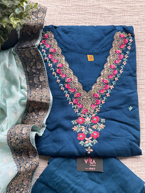 Neck emb dola silk ready suit set - Blue