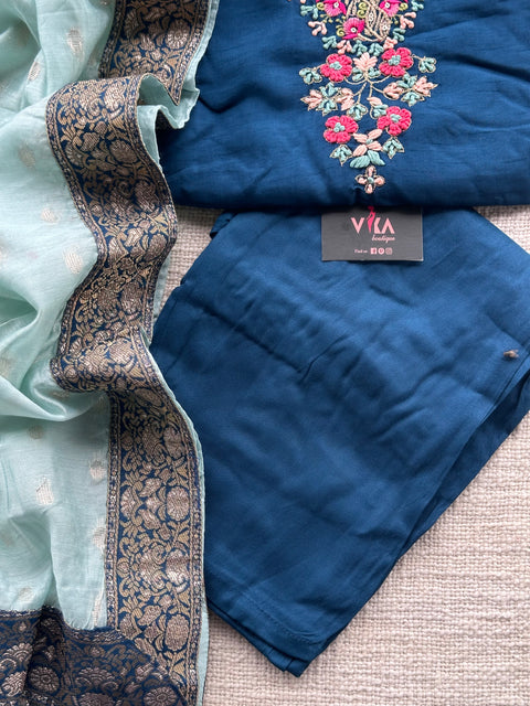 Neck emb dola silk ready suit set - Blue