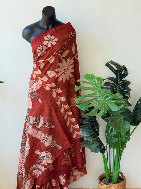 Burnt orange Pen kalamkari assam silk saree