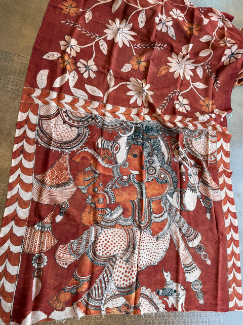 Burnt orange Pen kalamkari assam silk saree
