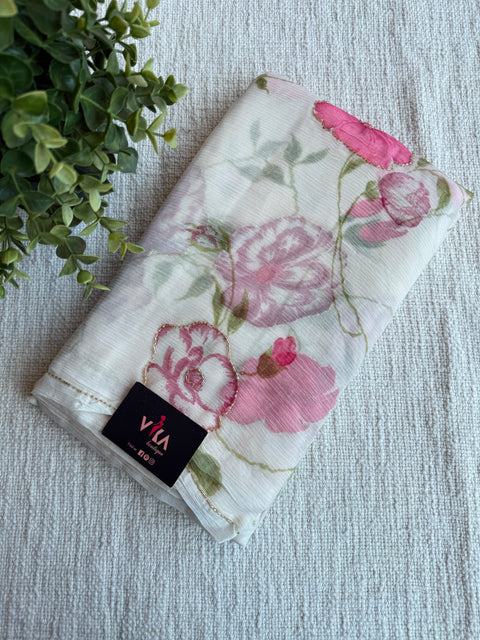 White Floral printed chiffon saree