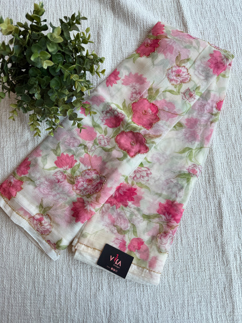 White Floral printed chiffon saree