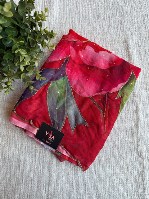 Cut dana work Floral printed chiffon saree