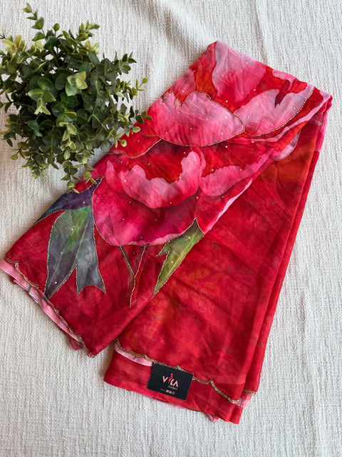 Cut dana work Floral printed chiffon saree
