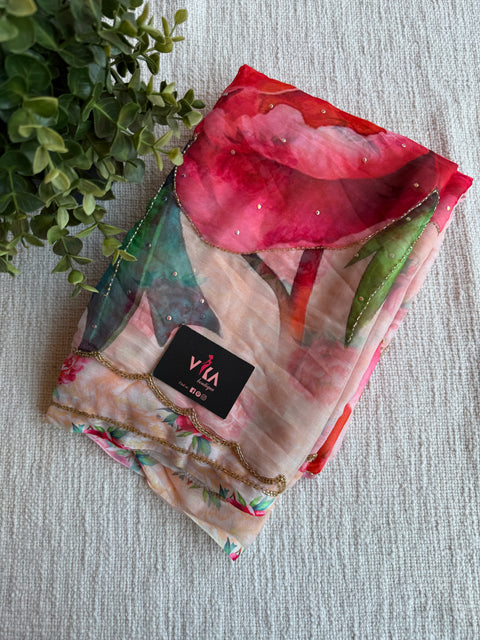 Cut dana work Floral printed chiffon saree