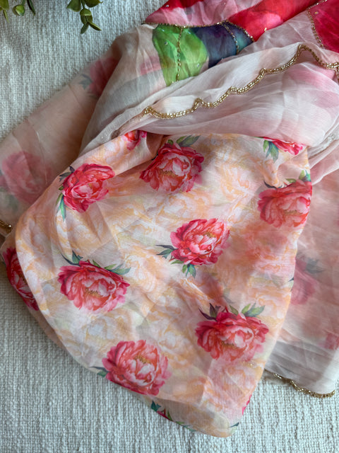 Cut dana work Floral printed chiffon saree