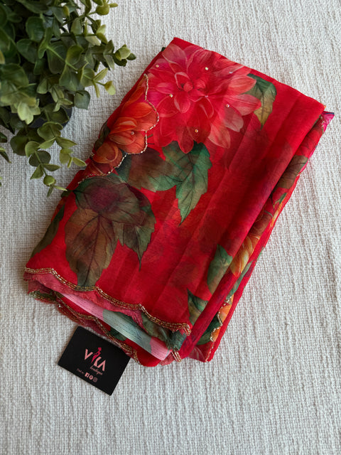 Cut dana work Floral printed chiffon saree