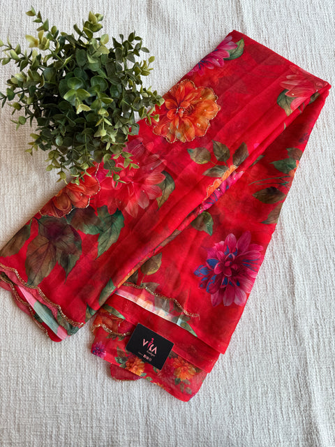 Cut dana work Floral printed chiffon saree