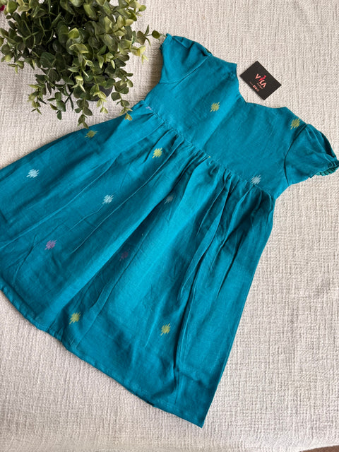 Rama Green Jamdani cotton kids frock