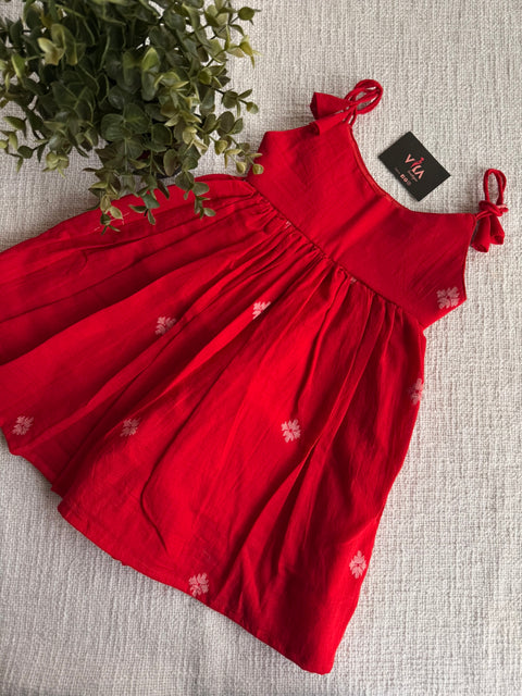 Deep red Jamdani cotton kids frock