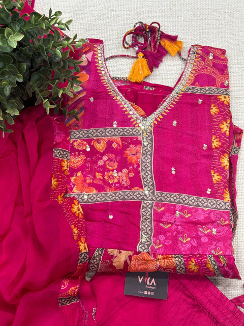 Pink chinnon Readymade kurta pant set