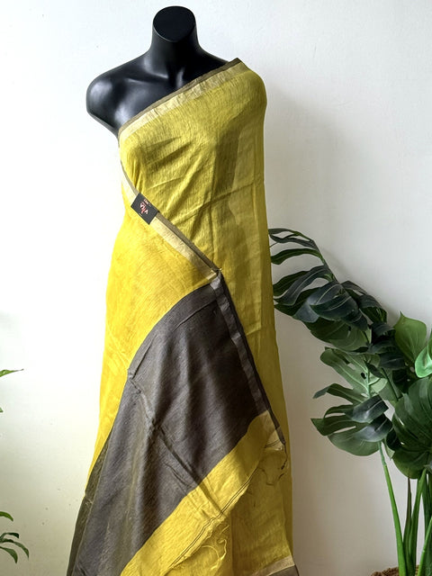 Yellow Grey pure silk linen saree
