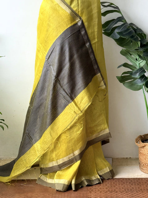 Yellow Grey pure silk linen saree