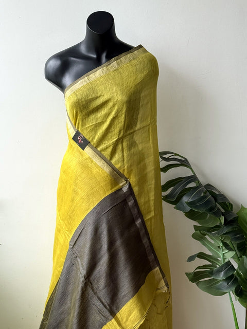 Yellow Grey pure silk linen saree