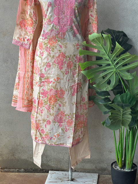 Neck emb printed cotton ready suit set