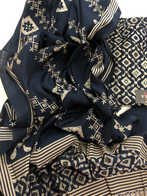 Dark blue printed modal kurta pant set