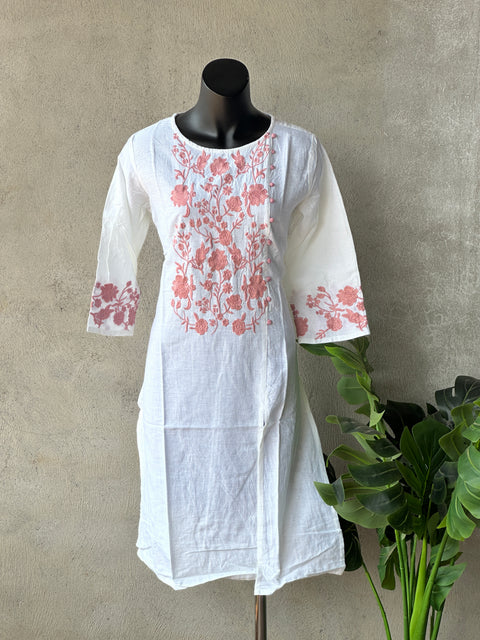 Emb pure cotton kurta - white