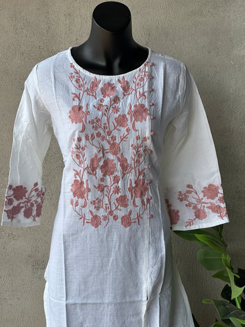 Emb pure cotton kurta - white