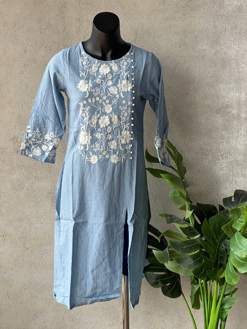 Emb pure cotton kurta - Blue