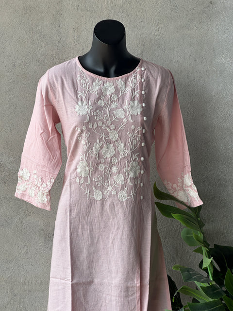 Emb pure cotton kurta - Baby Pink