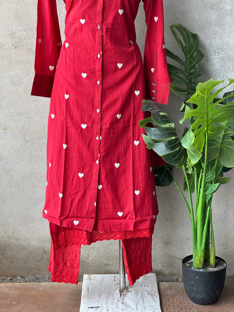 Red heart embroidery muslin co-ord st