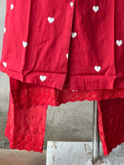 Red heart embroidery muslin co-ord st