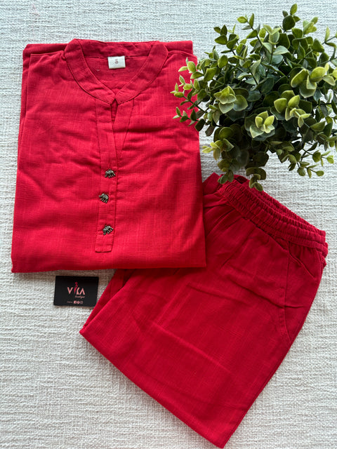 Red cotton ready kurti pant set