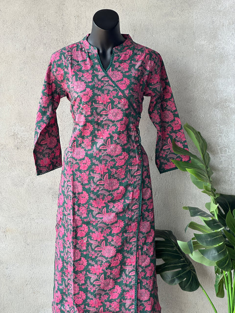 Green pink printed pure cotton kurta pant