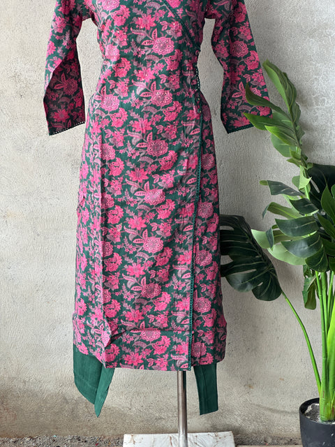 Green pink printed pure cotton kurta pant