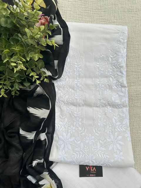 White set with Black muslin dupatta