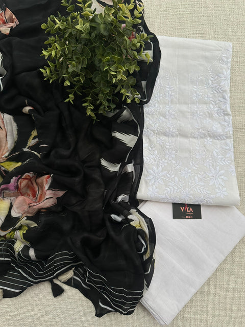 White set with Black muslin dupatta