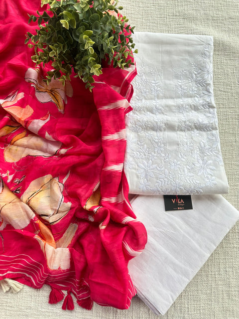 White set with Pink muslin dupatta