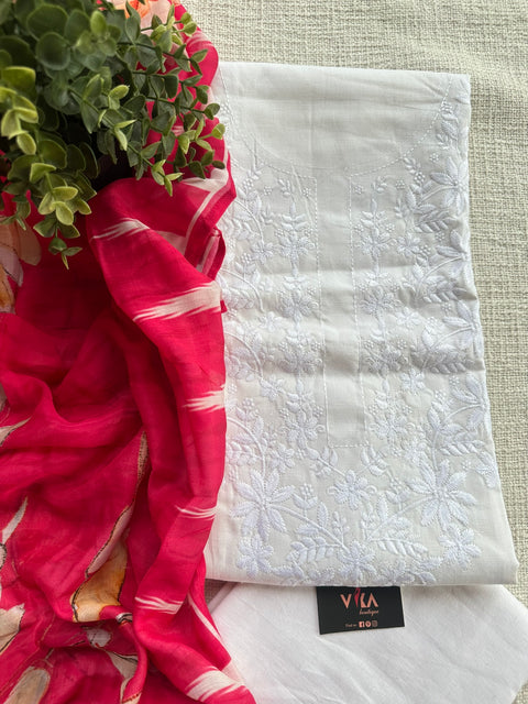 White set with Pink muslin dupatta