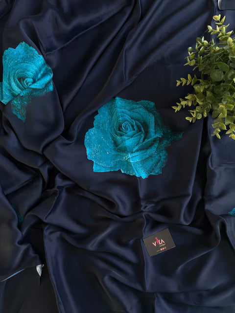 Vintage floral printed satin saree