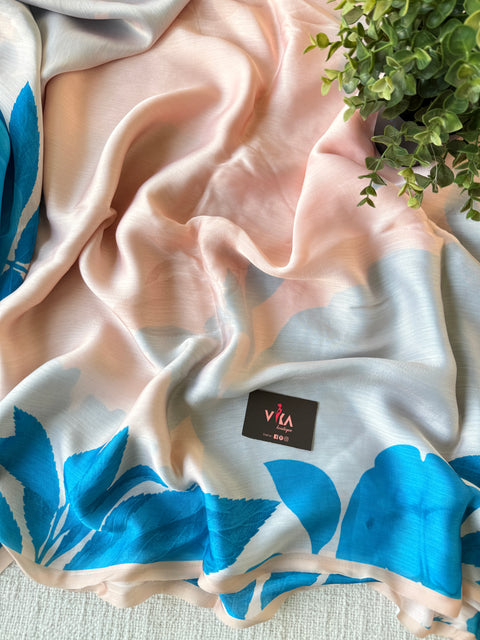 Vintage floral printed satin saree
