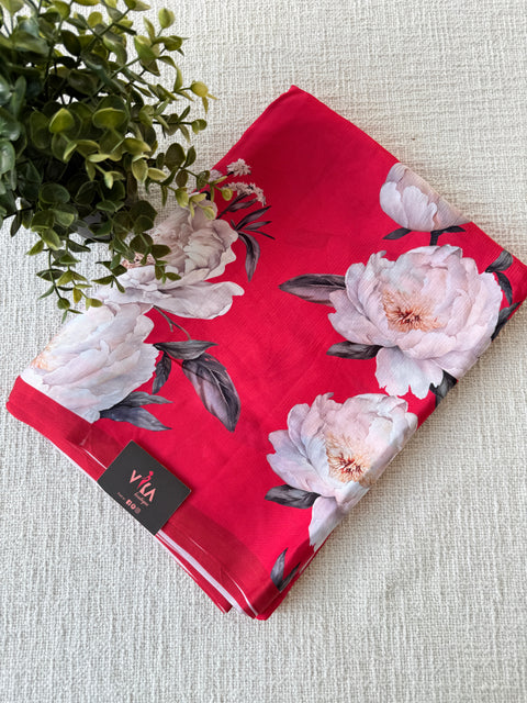 Vintage floral printed satin saree