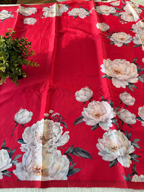 Vintage floral printed satin saree